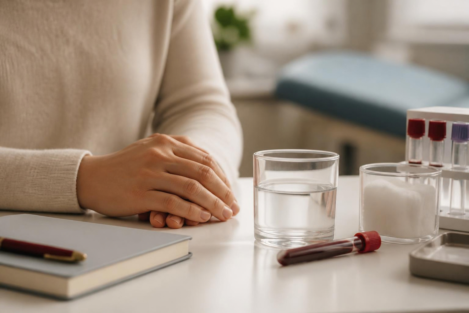 Blood sample tubes beside a person's hand and a notebook