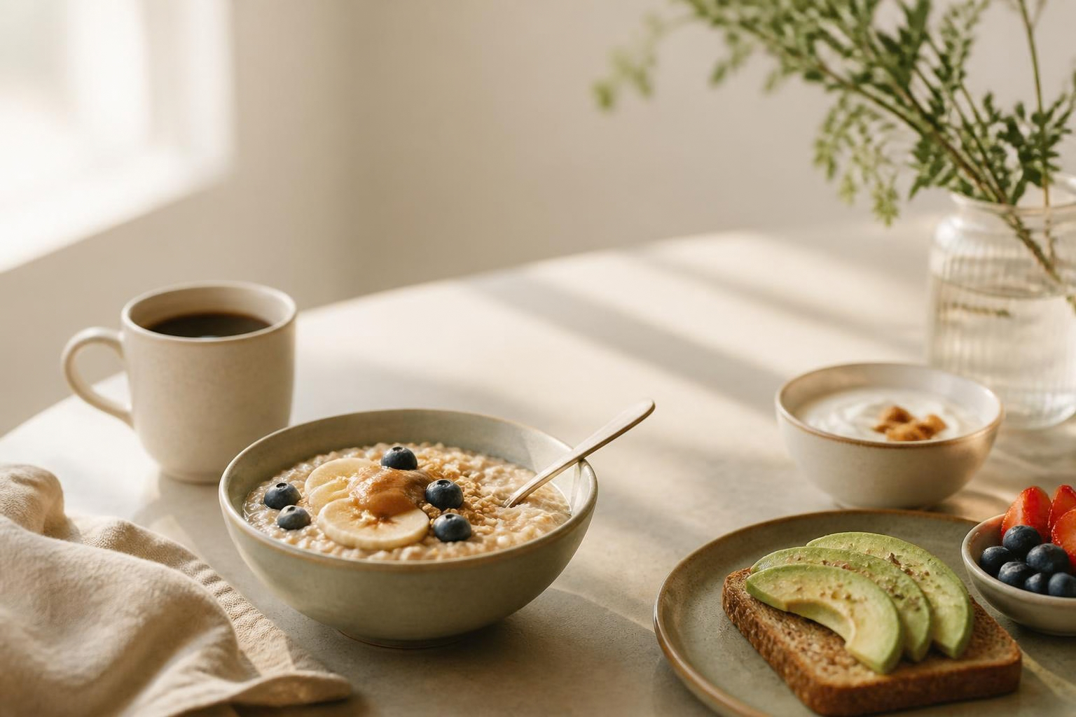 A bowl of oatmeal with fruit, coffee and avocado toast