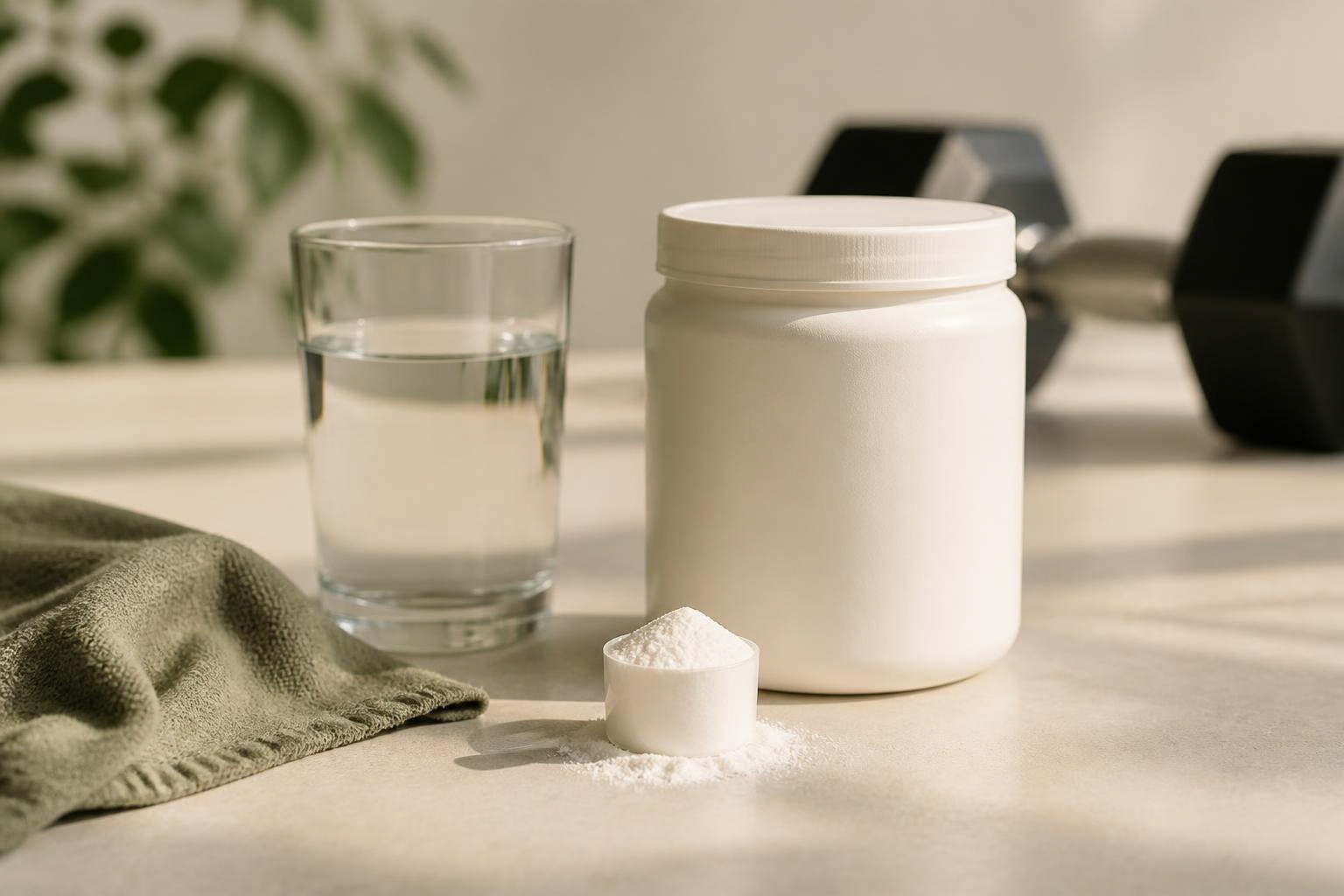 A jar and scoop of creatine powder beside a glass of water