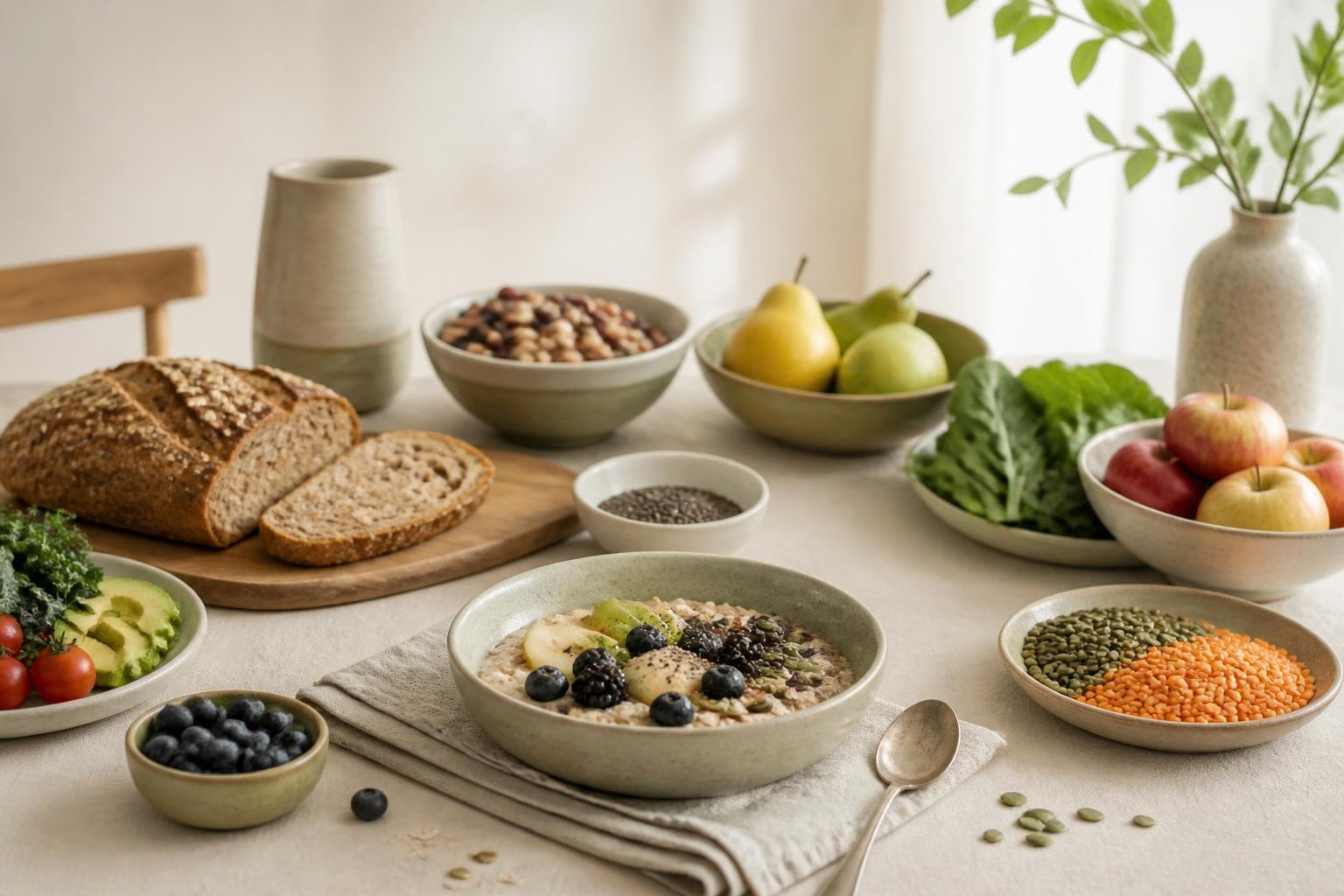 Wholegrain bread, oats, beans, lentils, fruit and vegetables