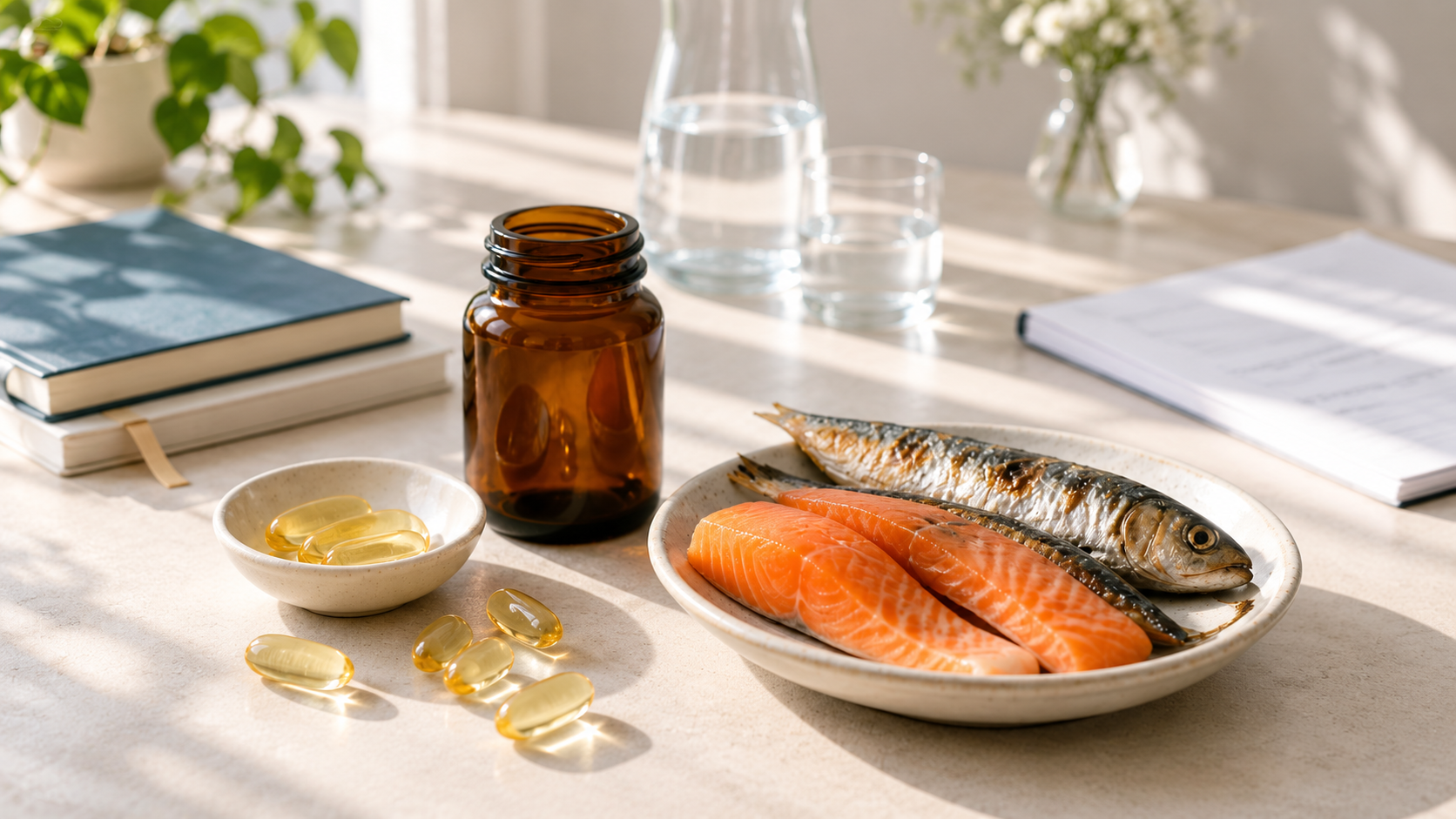 Fish oil capsules and salmon fillets beside a supplement bottle
