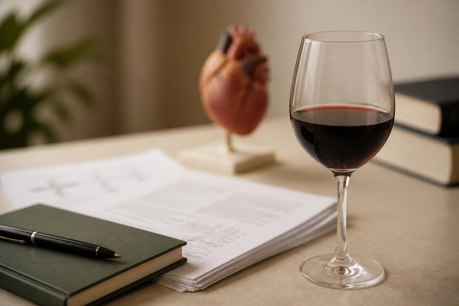 A glass of red wine beside notes and an anatomical heart model