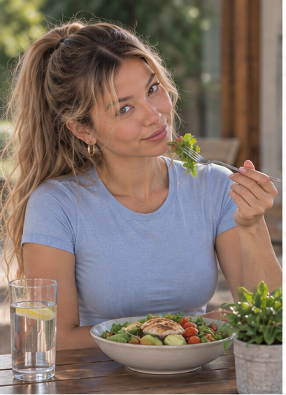 Tanya eating a protein-rich meal of grilled chicken and vegetables