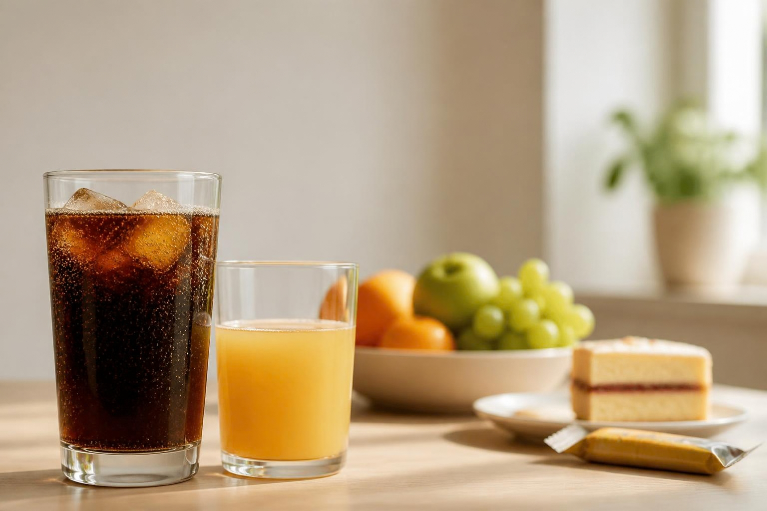 A glass of cola and orange juice beside fruit and cake