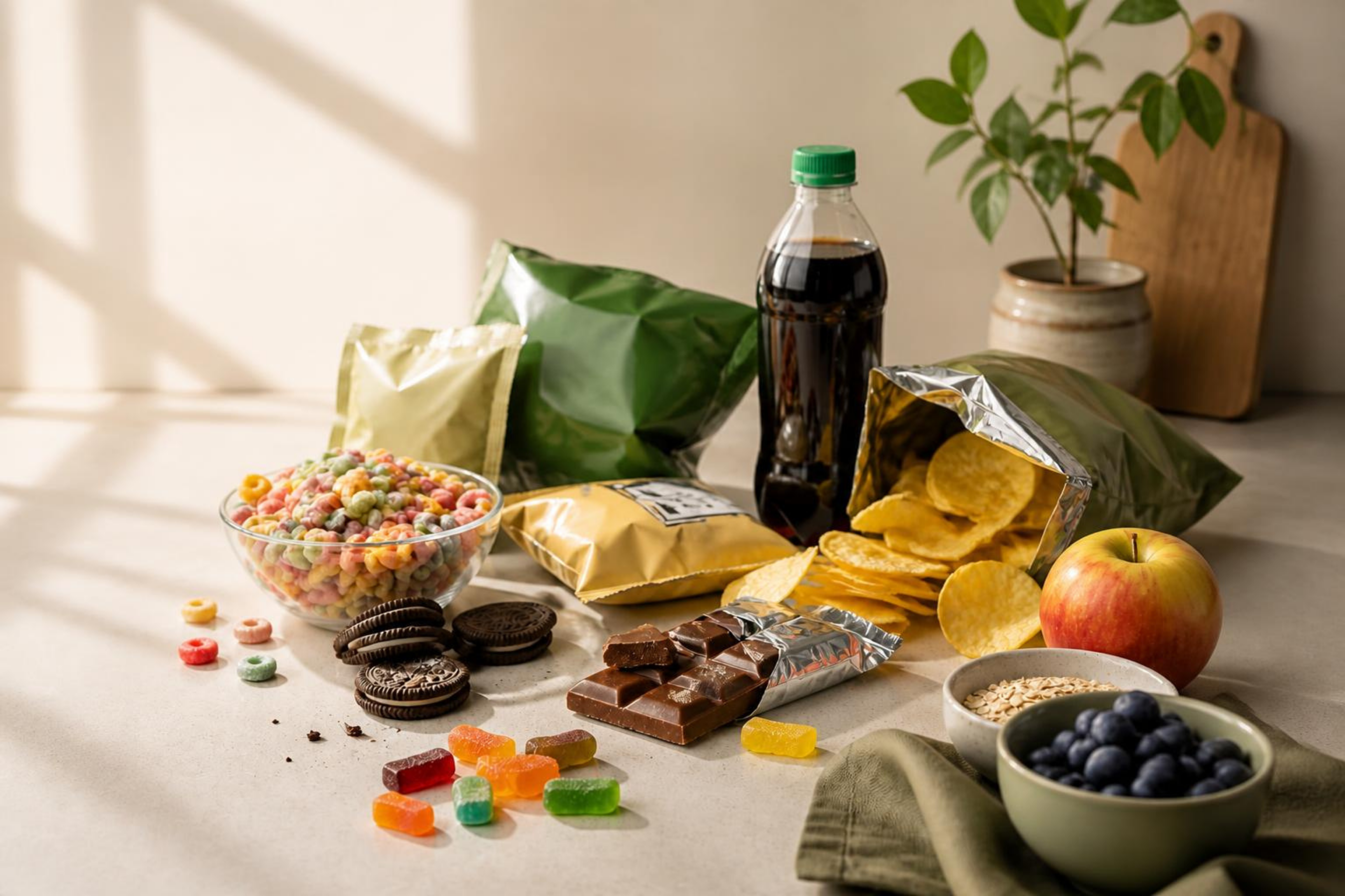 Packaged snacks and sweets beside an apple, oats and blueberries