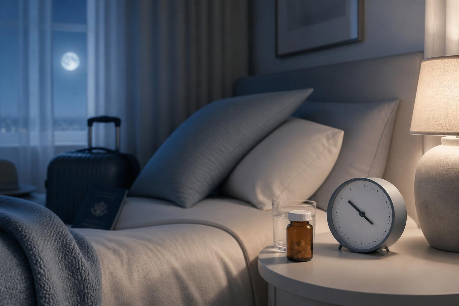A small bottle and clock on a bedside table in a dim bedroom