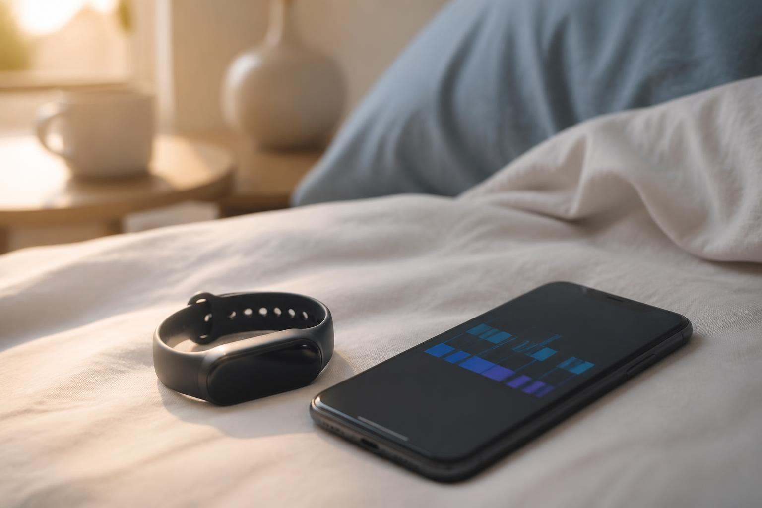 A fitness tracker and phone displaying sleep data on a bed